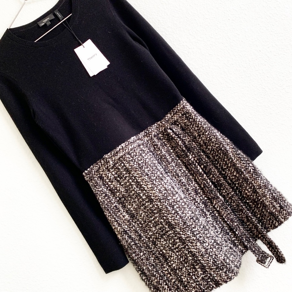 THEORY tweed black brown knit dress new NWT long sleeve holiday Large belt wool